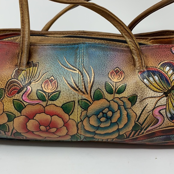 Anuschka Hand Painted Leather Bag Satchel Floral Zip - Picture 3 of 10